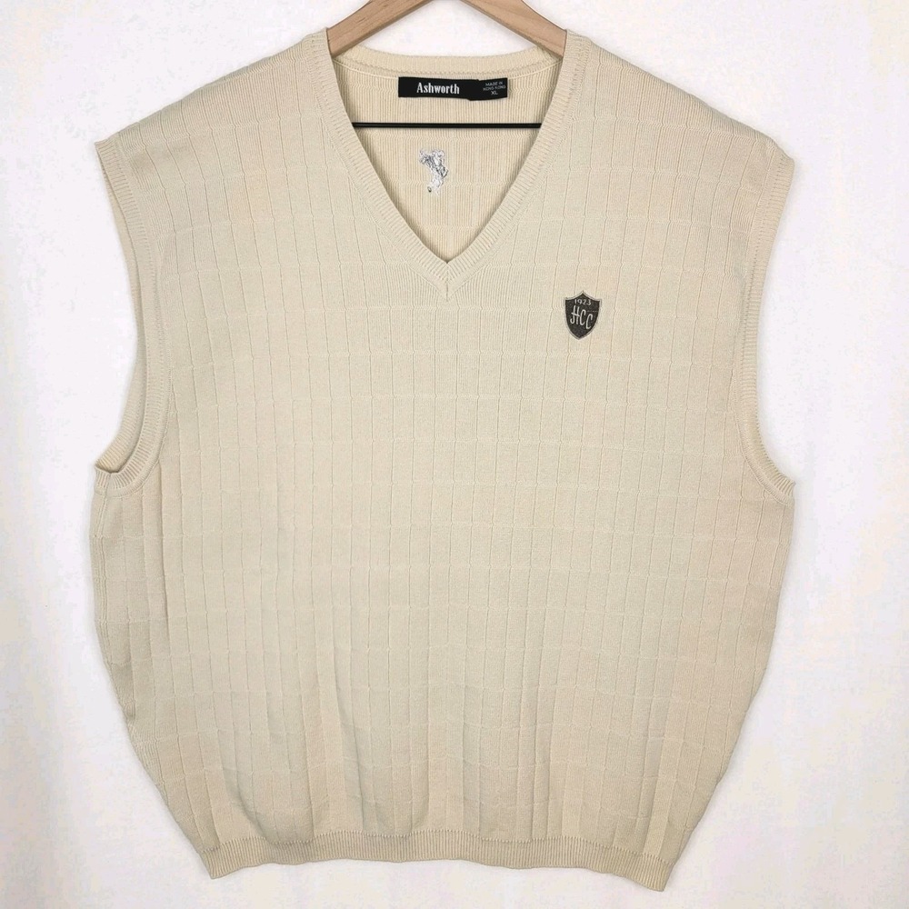 Ashworth Golf Sweater Vest Men's XL Cream‎ Cotton Preppy Classic Golfcore